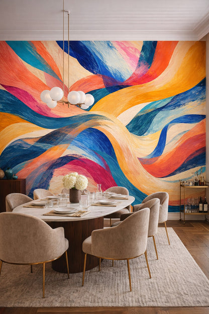 Luxury Contemporary neutrals abstract brushstrokes - Wall Mural Peel and Stick Wallpaper for Luxury Contemporary Formal Dining Room.