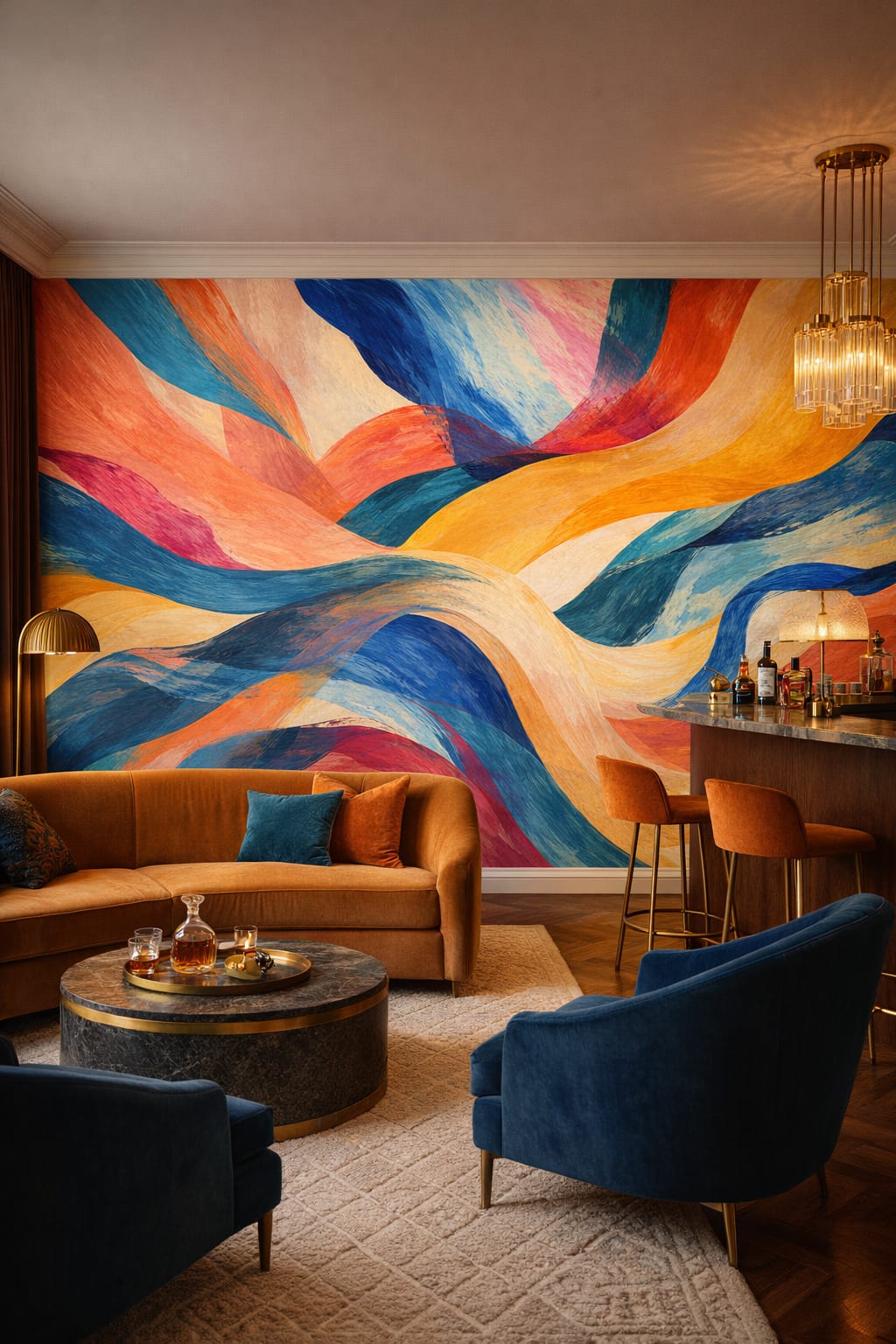 Black gold Art Deco abstract brushstrokes - Wall Mural Peel and Stick Wallpaper for Art Deco Bar/Lounge.