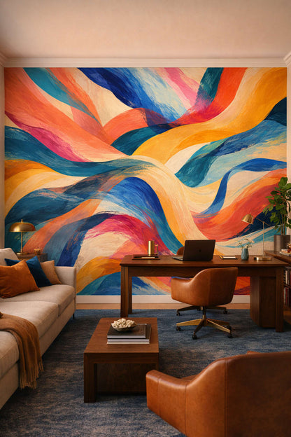 Mid-century Modern mustard abstract brushstrokes - Wall Mural Peel and Stick Wallpaper for Mid-century Modern Executive Home Office.
