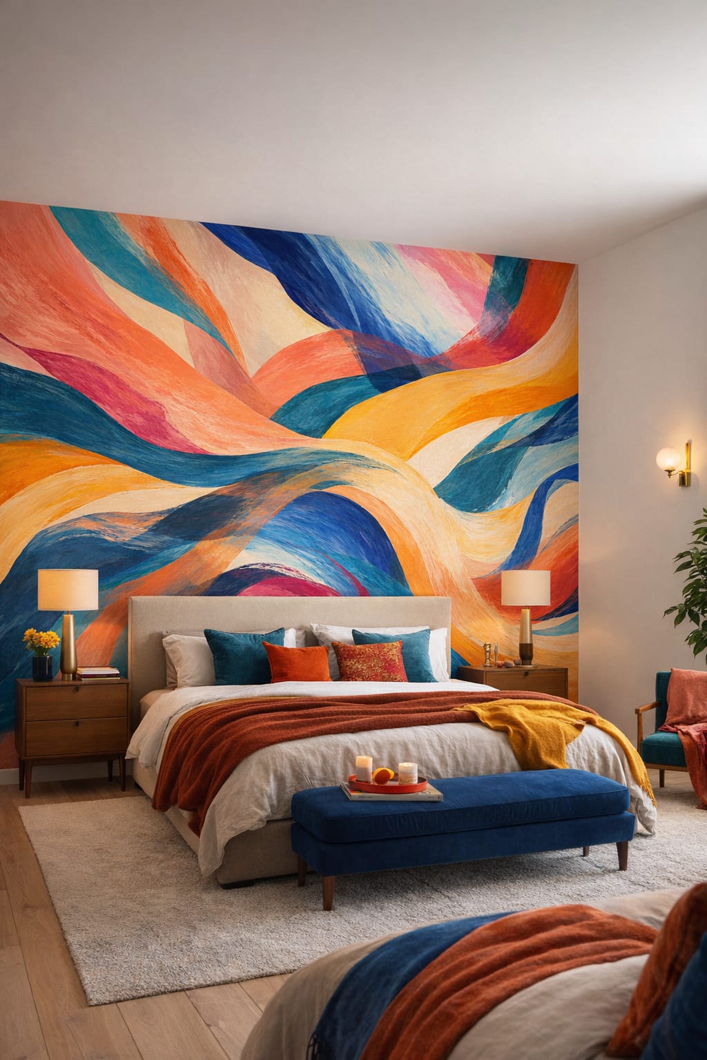 Bold blue, color-drenched abstract brushstrokes - Wall Mural Peel and Stick Wallpaper for Color-drenched Primary Bedroom.