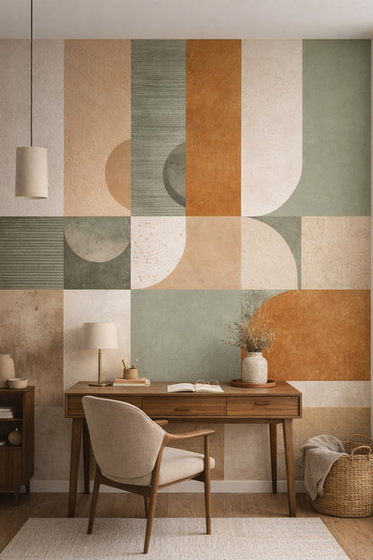 Bauhaus geometric, white-primaries - abstract block-and-arc pattern - Wall Mural Peel and Stick Wallpaper for Bauhaus Homework / Study Corner.