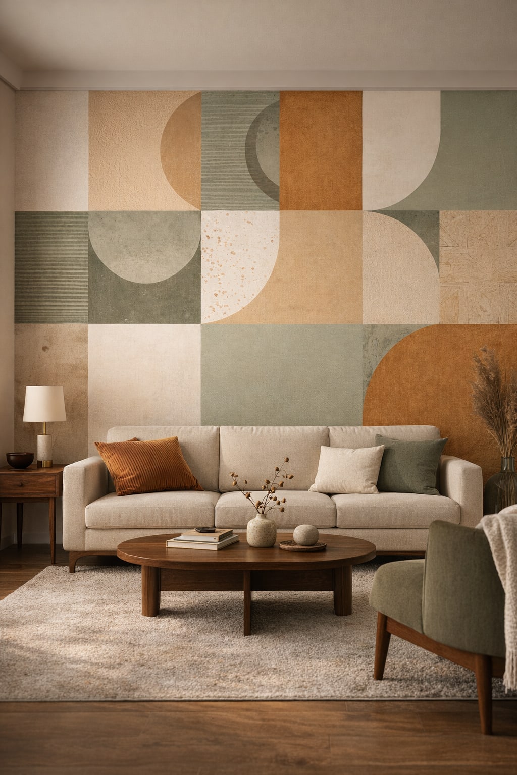 Mid-century Modern mustard-olive - Geometric retro blocks and half-circles - Wall Mural Peel and Stick Wallpaper for Mid-century Modern Living Room.