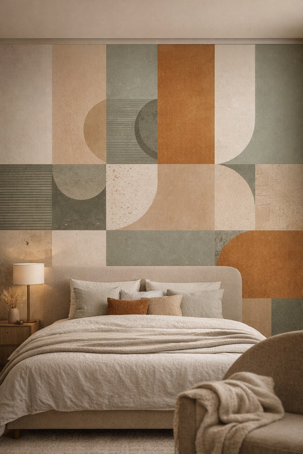 Quiet luxury greige - Geometric abstract blocks and curves - Wall Mural Peel and Stick Wallpaper for Quiet Luxury Master Bedroom.