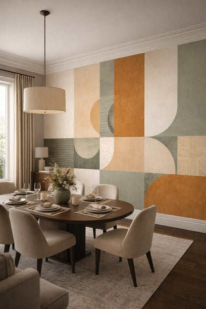Modern Classic cream-warm gray - Abstract geometric color-block shapes - Wall Mural Peel and Stick Wallpaper for Modern Classic Formal Dining Room.