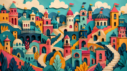 Whimsical paper-cut Turquoise fantasy castle featuring clouds and winding staircases - Wall Mural & Peel and Stick Wallpaper for Whimsical Nursery or Kids Room