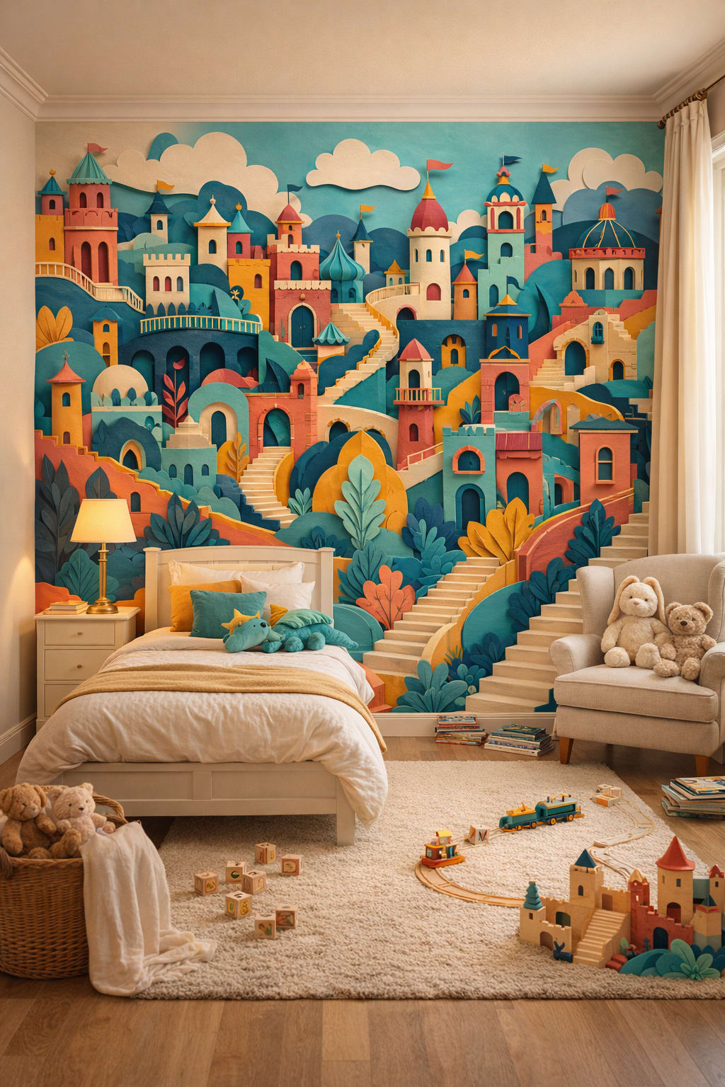 Dusty rose Classic Storybook fantasy castle featuring winding staircases - Wall Mural Peel and Stick Wallpaper for Classic Storybook Kids Bedroom.