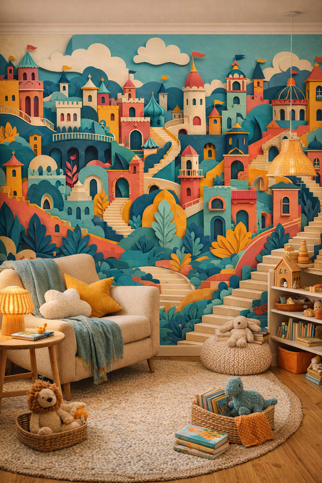 White birch Scandi Kids fantasy castle featuring clouds - Wall Mural Peel and Stick Wallpaper for Scandi Kids Reading Corner.