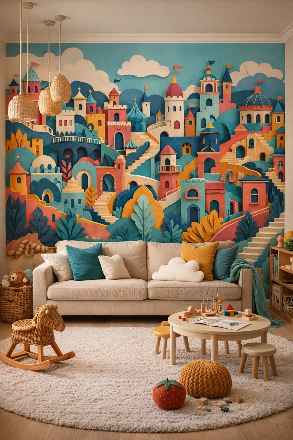 Whimsical Boho Terracotta fantasy castle featuring clouds - Wall Mural Peel and Stick Wallpaper for Whimsical Boho Playroom.