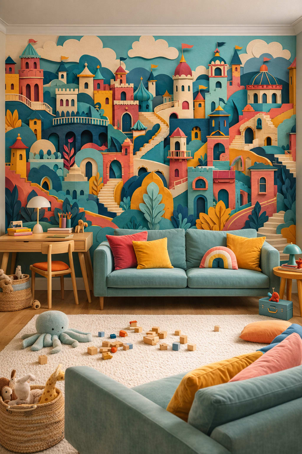 Mid-century Kids teal fantasy castle featuring clouds - Wall Mural Peel and Stick Wallpaper for Mid-century Kids Homework / Study Corner.