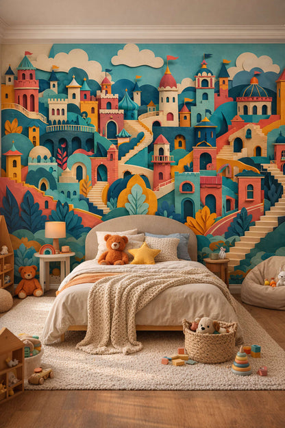 Contemporary teal-and-yellow fantasy castle featuring clouds - Wall Mural Peel and Stick Wallpaper for Gender-Neutral Contemporary Kids Bedroom.