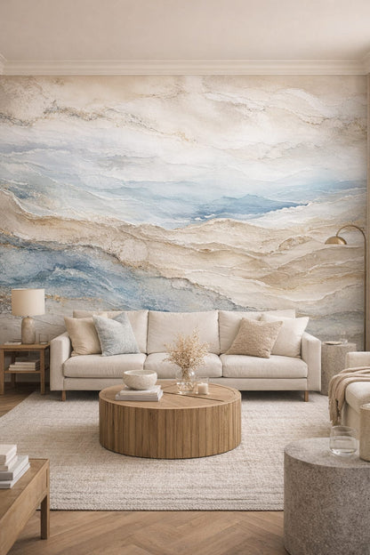 Greige understated abstract strata featuring gold veining - Wall Mural Peel and Stick Wallpaper for Quiet Luxury Living Room.