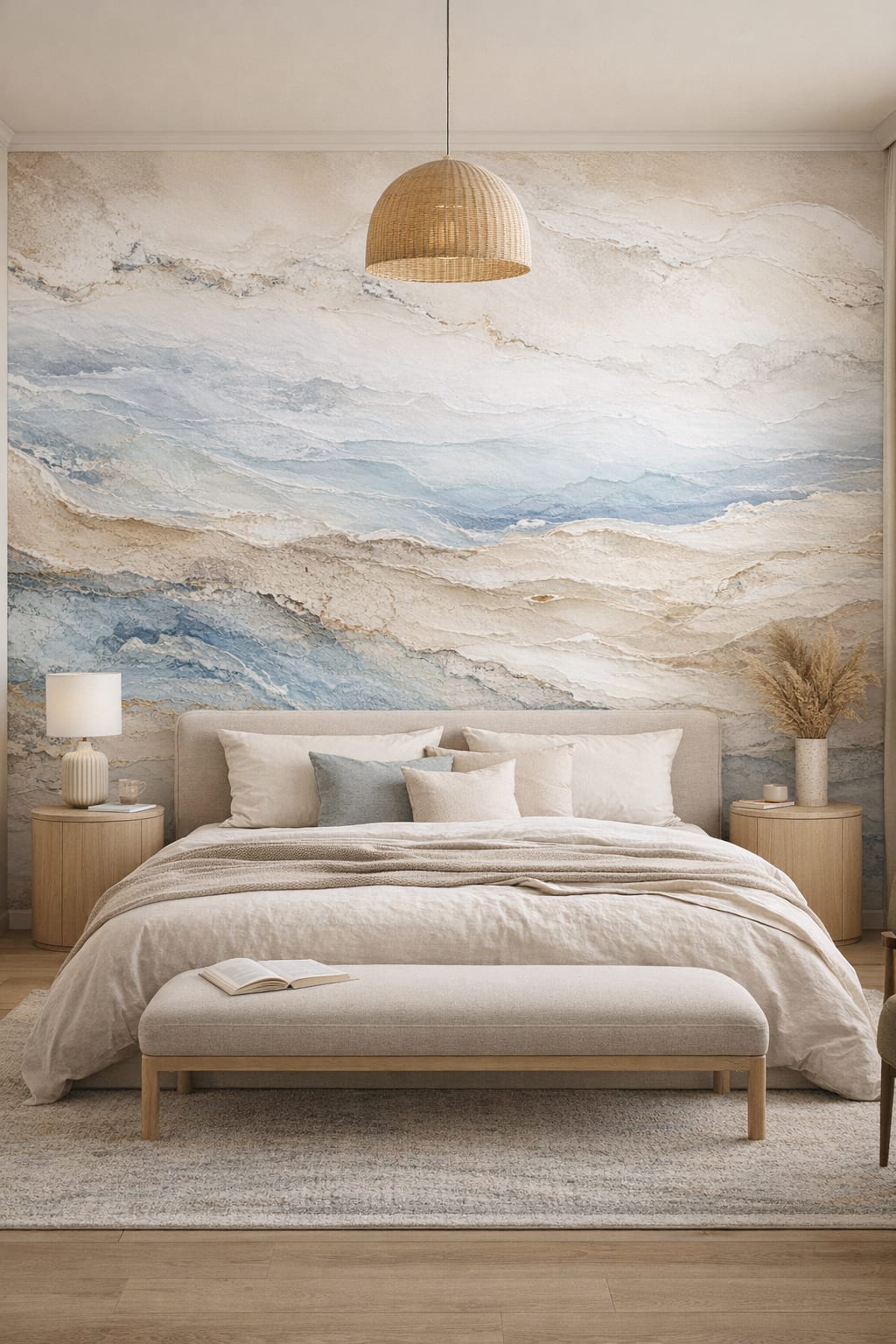 Japandi sand-toned abstract strata featuring mineral texture - Wall Mural Peel and Stick Wallpaper for Japandi Master Bedroom.