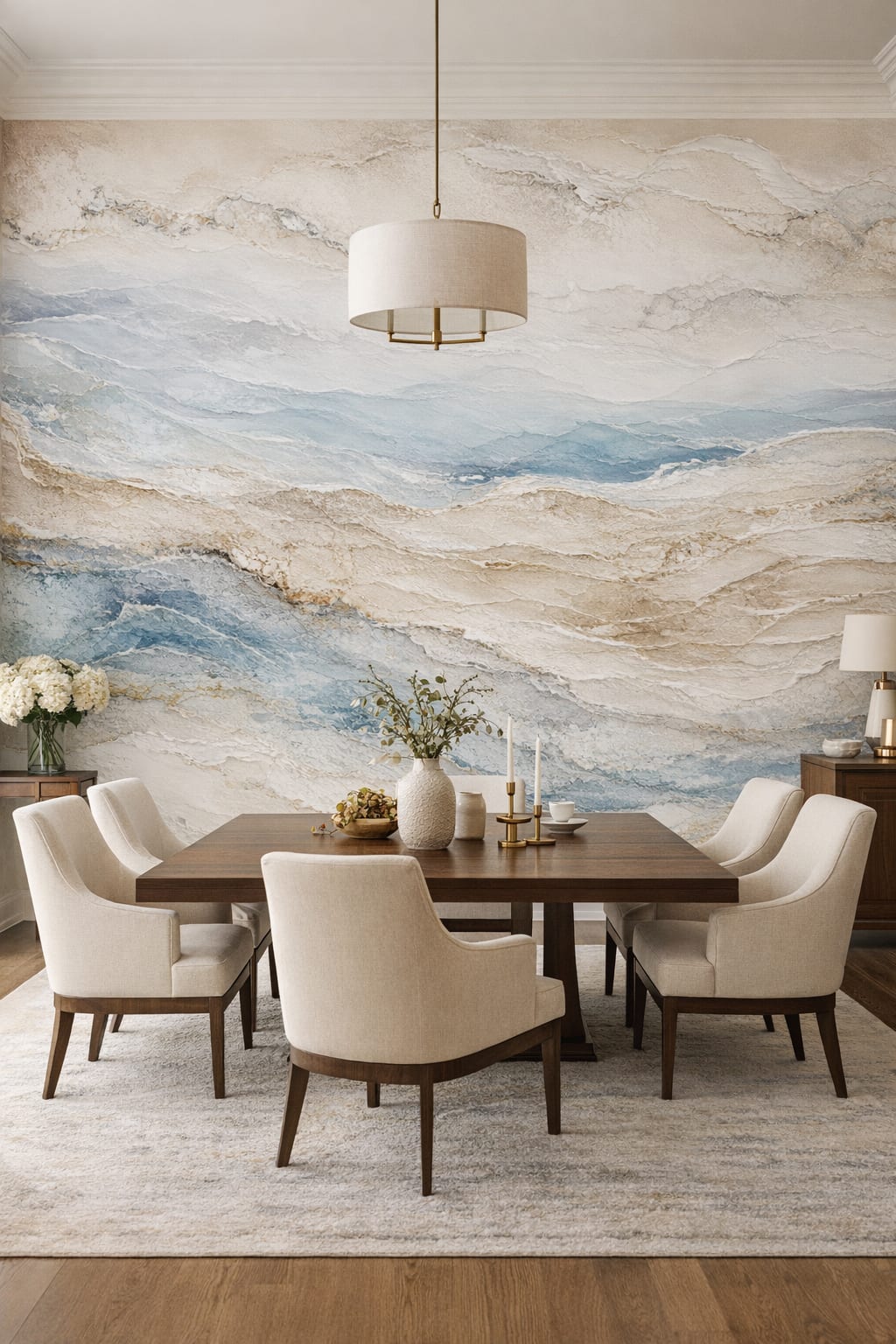 Classic cream-toned abstract strata featuring gold veining - Wall Mural Peel and Stick Wallpaper for Modern Classic Formal Dining Room.