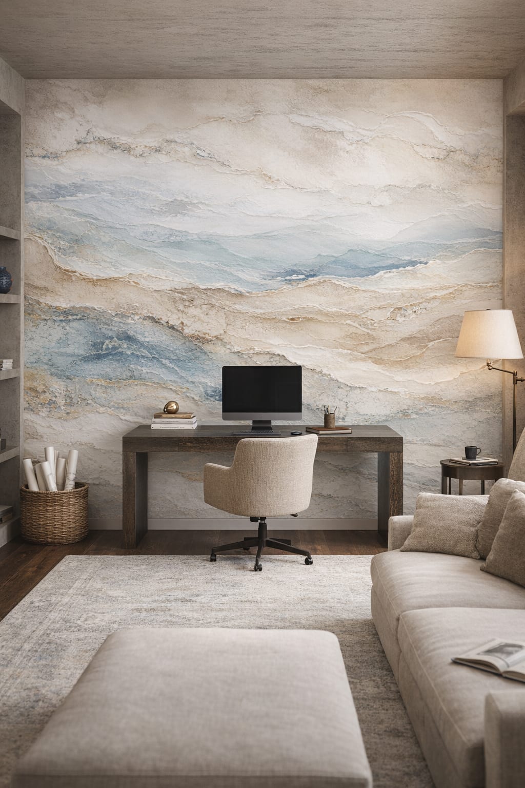 Brutalist off-white abstract strata featuring gold veining - Wall Mural Peel and Stick Wallpaper for Brutalist Executive Home Office.