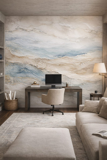 Brutalist off-white abstract strata featuring gold veining - Wall Mural Peel and Stick Wallpaper for Brutalist Executive Home Office.
