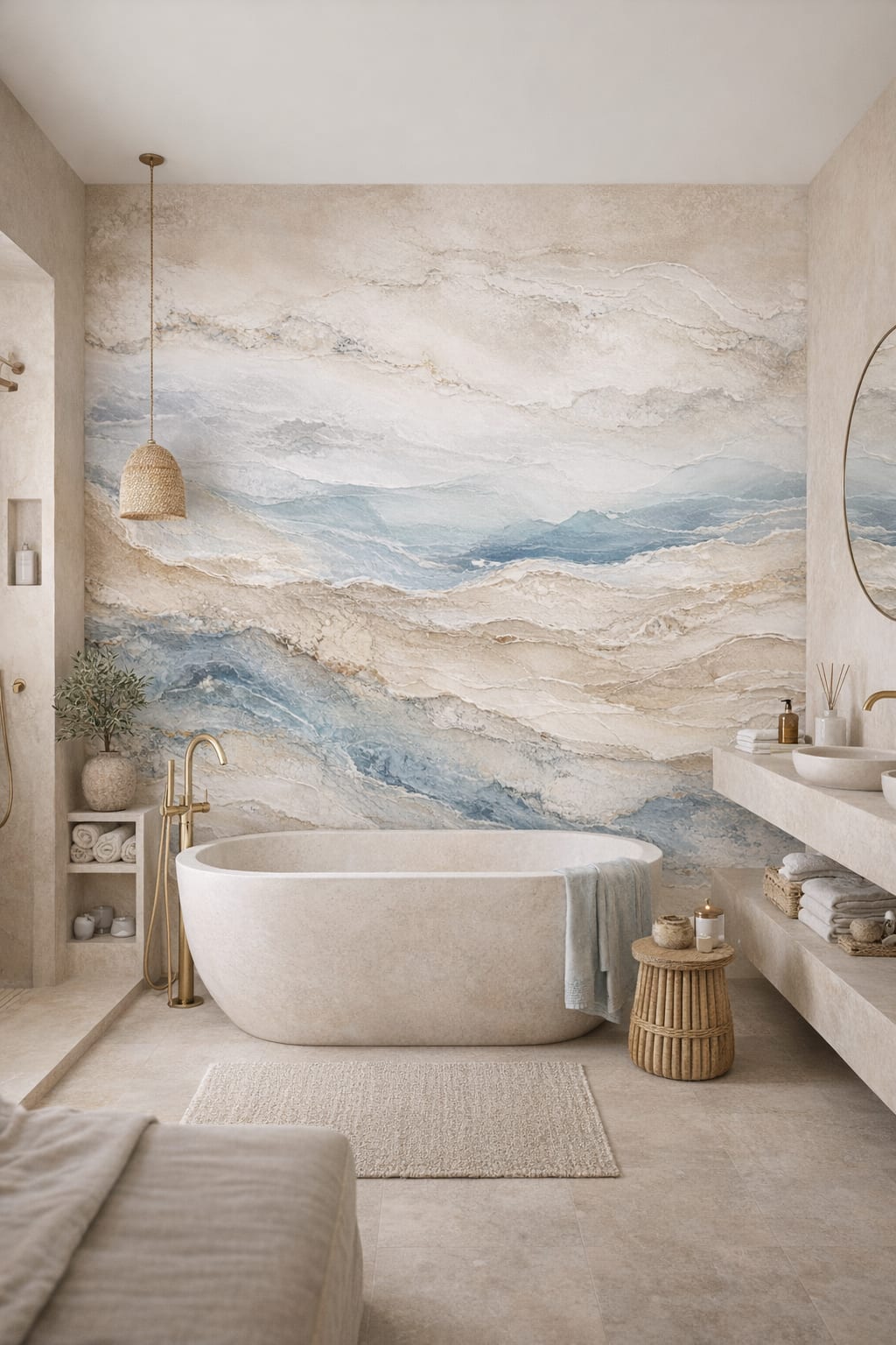 Mediterranean Modern sand-blue abstract strata featuring gold veining - Wall Mural Peel and Stick Wallpaper for Mediterranean Modern Luxury Bathroom