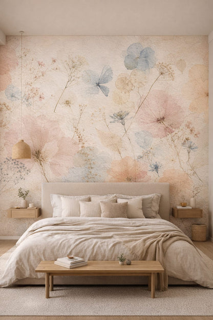 Sand Japandi floral blossoms featuring botanical leaves - Wall Mural Peel and Stick Wallpaper for Japandi Master Bedroom.