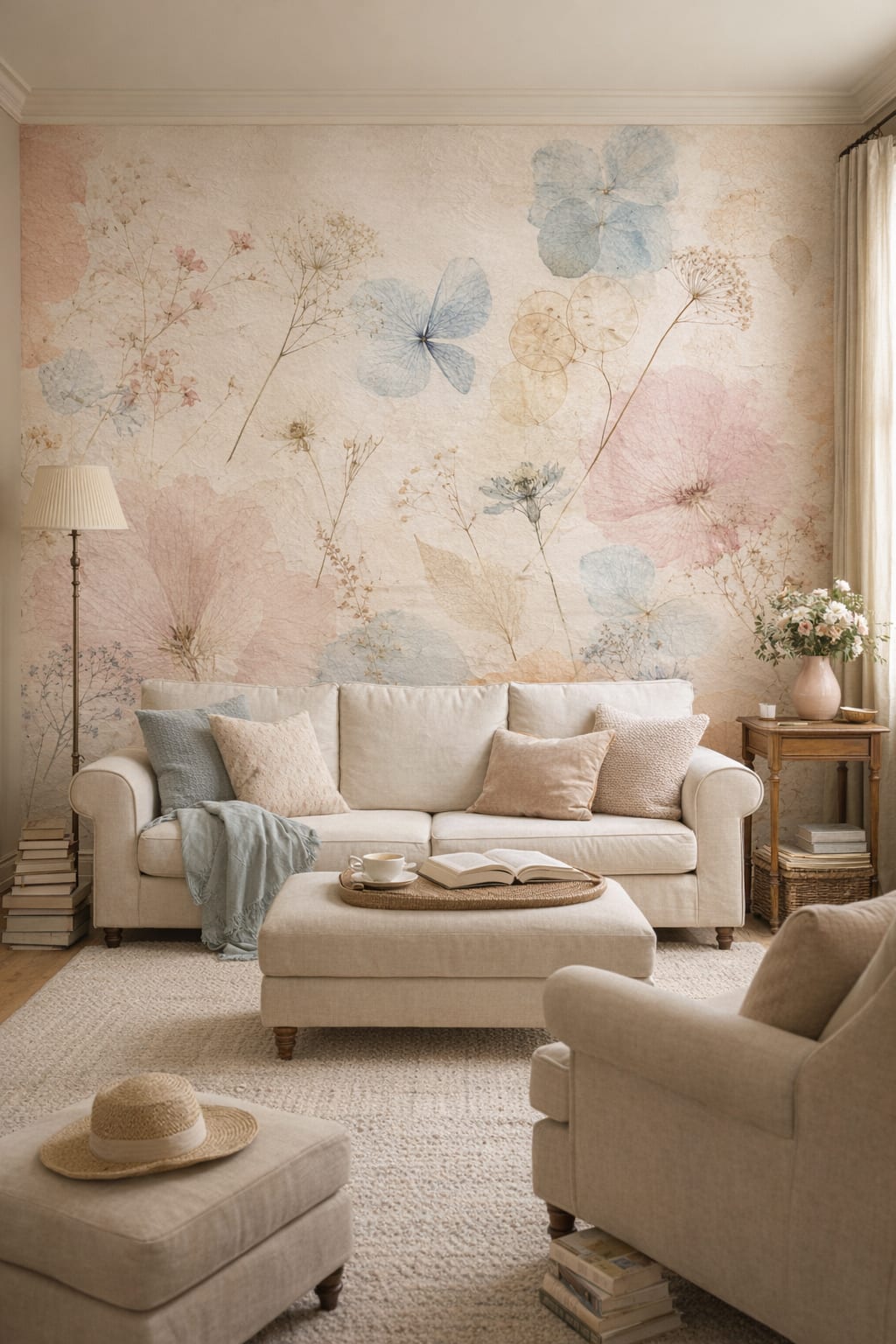English Garden rose floral blossoms featuring botanical leaves - Wall Mural Peel and Stick Wallpaper for English Garden Nursery Reading Room.