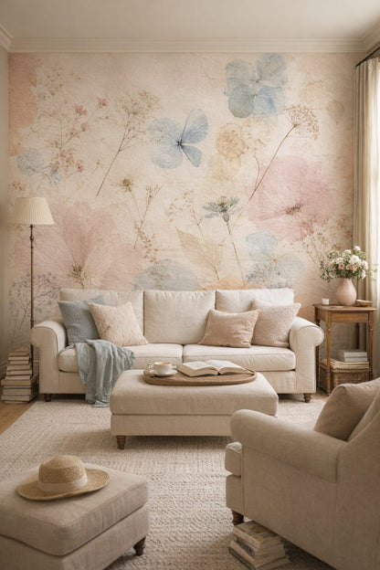 English Garden rose floral blossoms featuring botanical leaves - Wall Mural Peel and Stick Wallpaper for English Garden Nursery Reading Room.