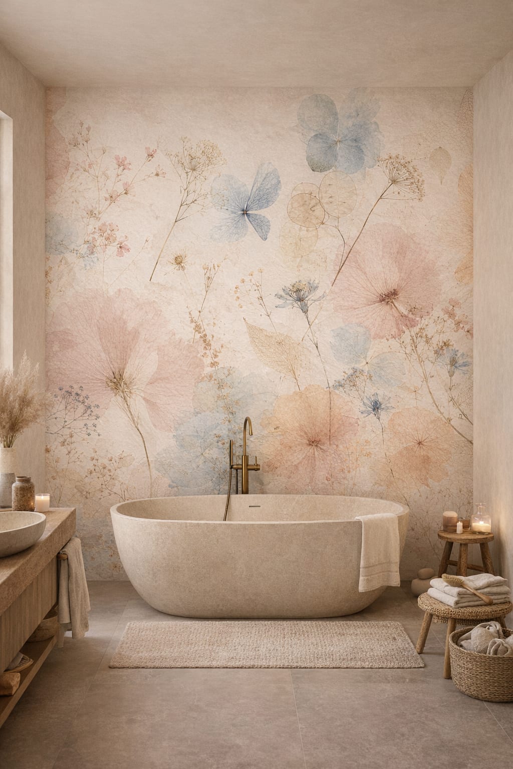Muted earth-tone Wabi-sabi floral blossoms featuring botanical leaves - Wall Mural Peel and Stick Wallpaper for Wabi-sabi Luxury Bathroom.