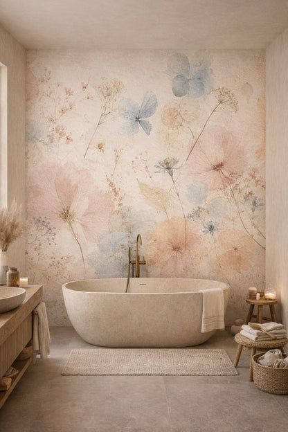 Muted earth-tone Wabi-sabi floral blossoms featuring botanical leaves - Wall Mural Peel and Stick Wallpaper for Wabi-sabi Luxury Bathroom.