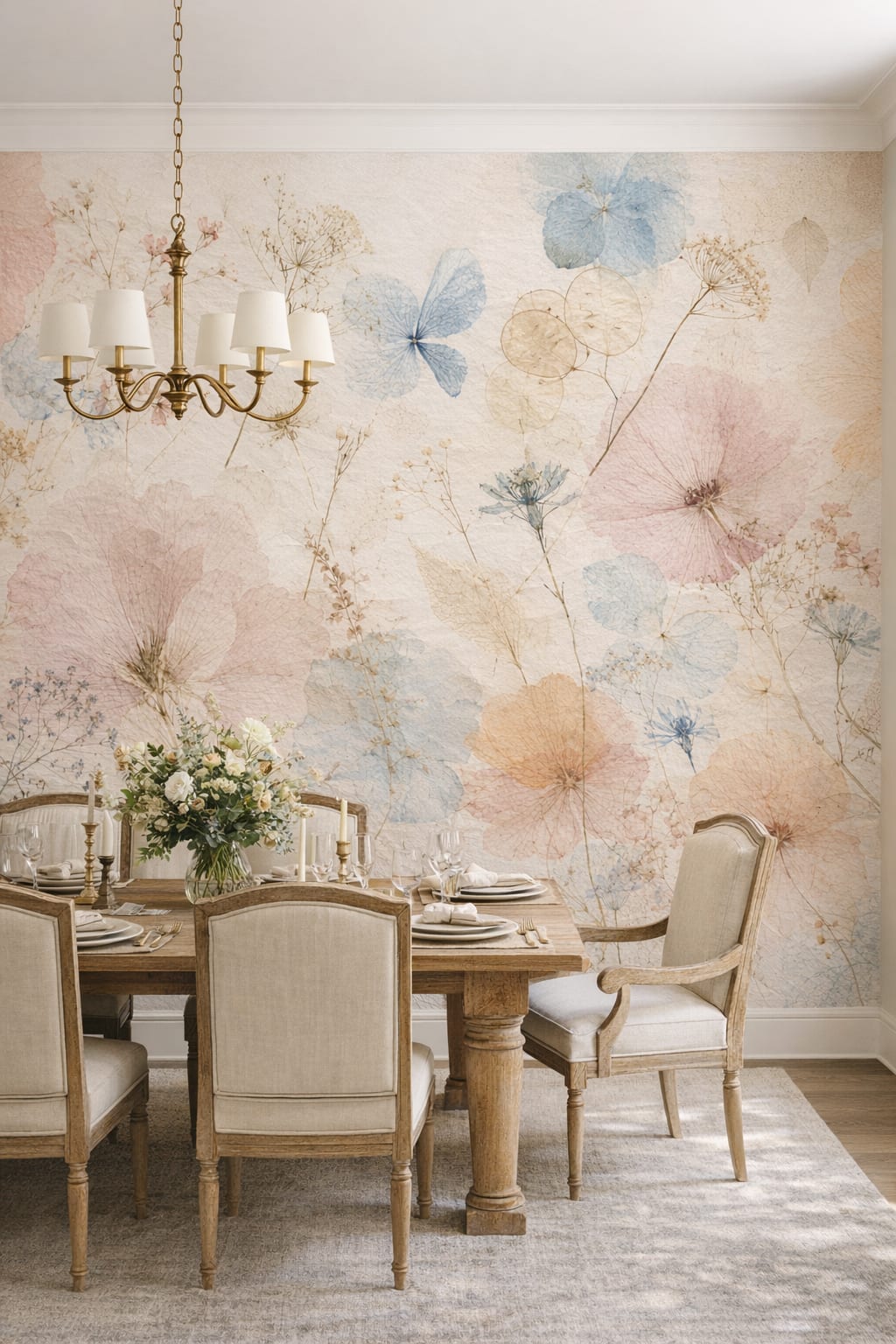 French Country beige floral blossoms featuring botanical leaves - Wall Mural Peel and Stick Wallpaper for French Country Formal Dining Room.