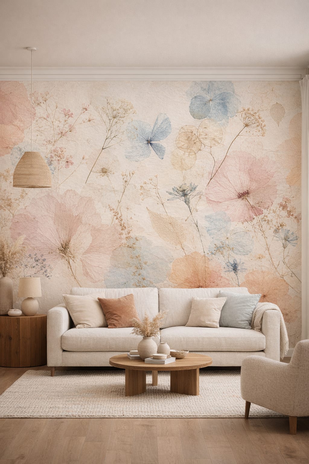 Organic cream floral blossoms featuring botanical leaves - Wall Mural Peel and Stick Wallpaper for Organic Modern Living Room.