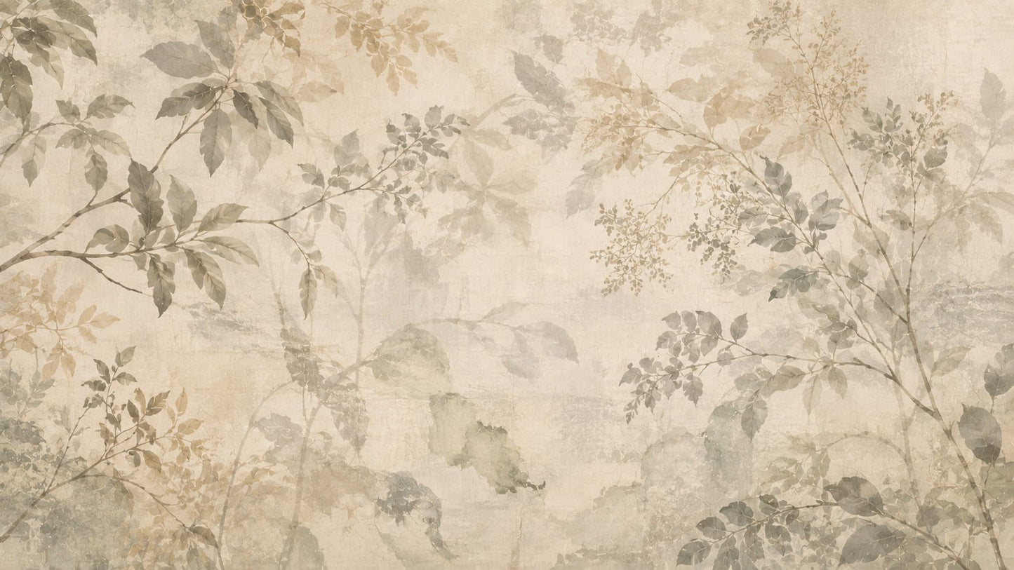 Refined Painterly Beige Botanical Branches featuring layered foliage - Wall Mural & Peel and Stick Wallpaper for Painterly Interiors and Premium Home Styling