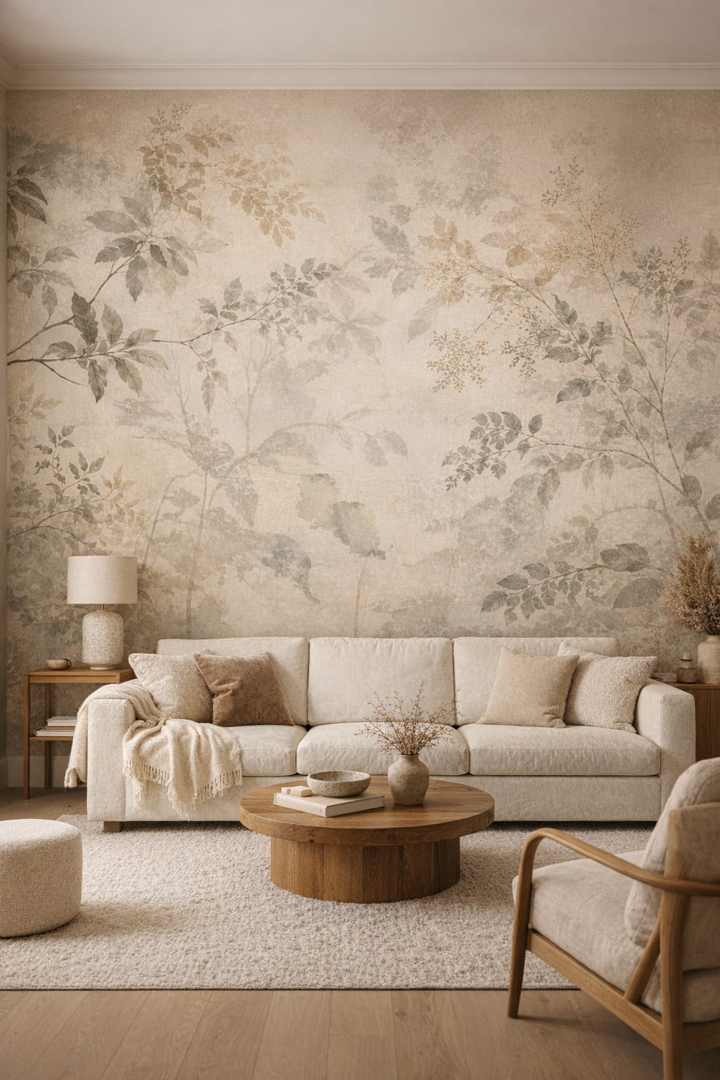 Organic Modern cream botanical branches - Wall Mural Peel and Stick Wallpaper for Organic Modern Living Room.