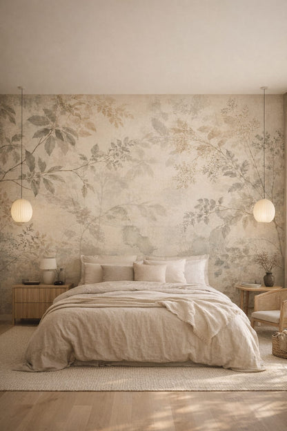 Sand Japandi botanical branches - Wall Mural Peel and Stick Wallpaper for Japandi Master Bedroom.