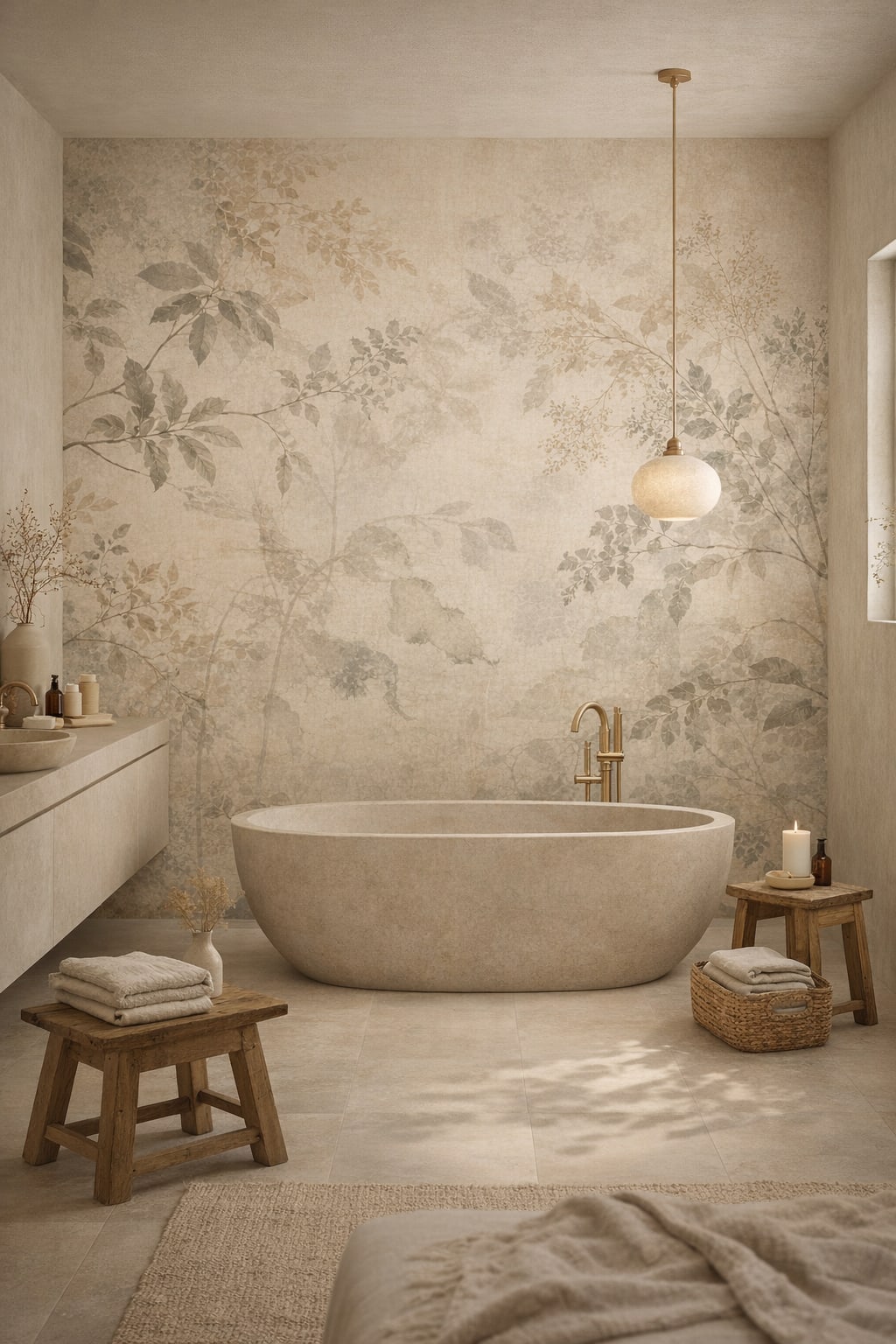 Muted earth-tone Wabi-sabi botanical branches - Wall Mural Peel and Stick Wallpaper for Wabi-sabi Luxury Bathroom.