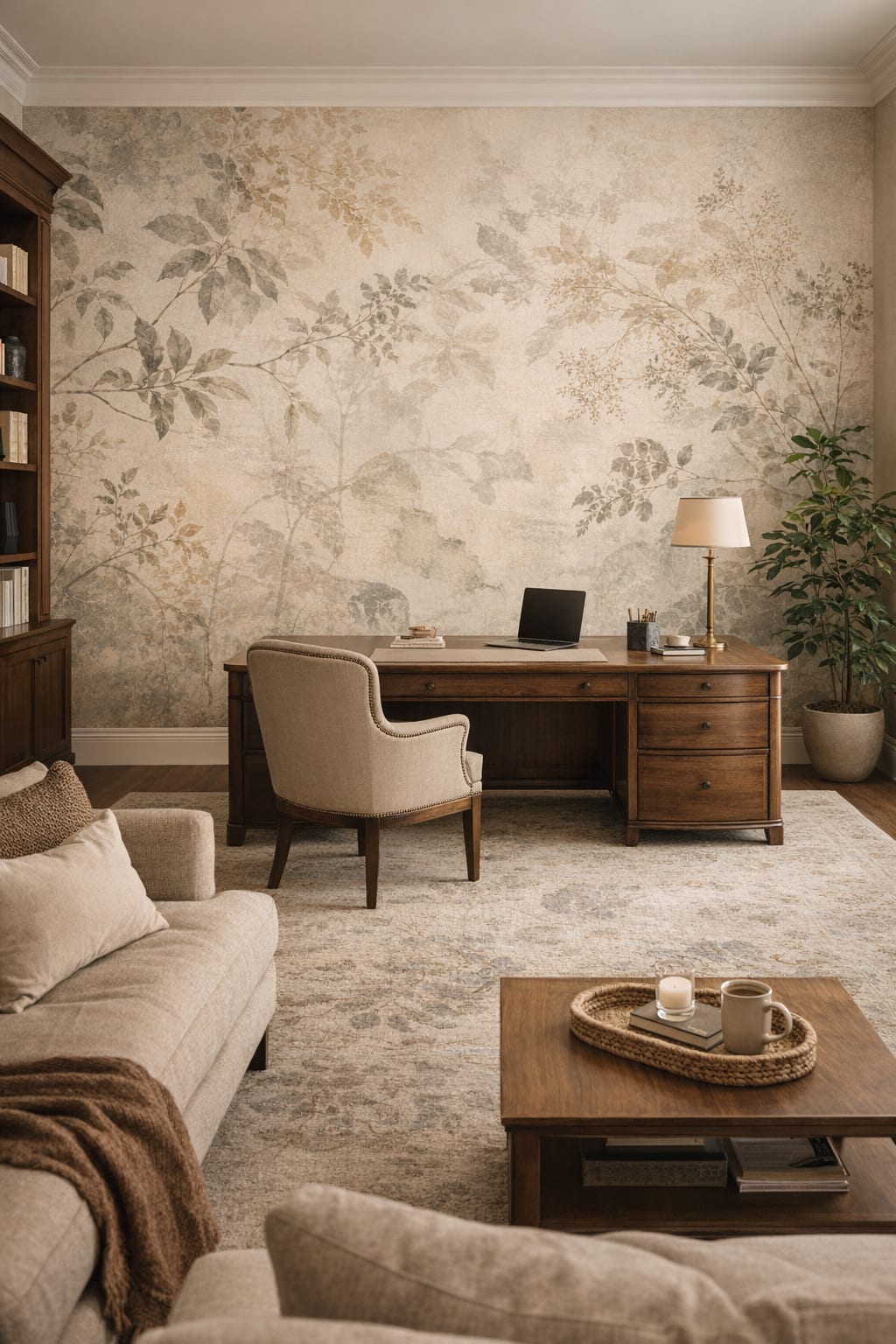 Biophilic green-neutral botanical branches - Wall Mural Peel and Stick Wallpaper for Biophilic Design Executive Home Office.
