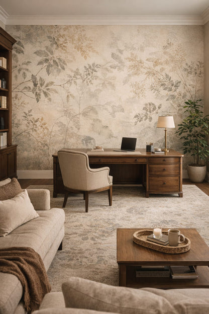 Biophilic green-neutral botanical branches - Wall Mural Peel and Stick Wallpaper for Biophilic Design Executive Home Office.