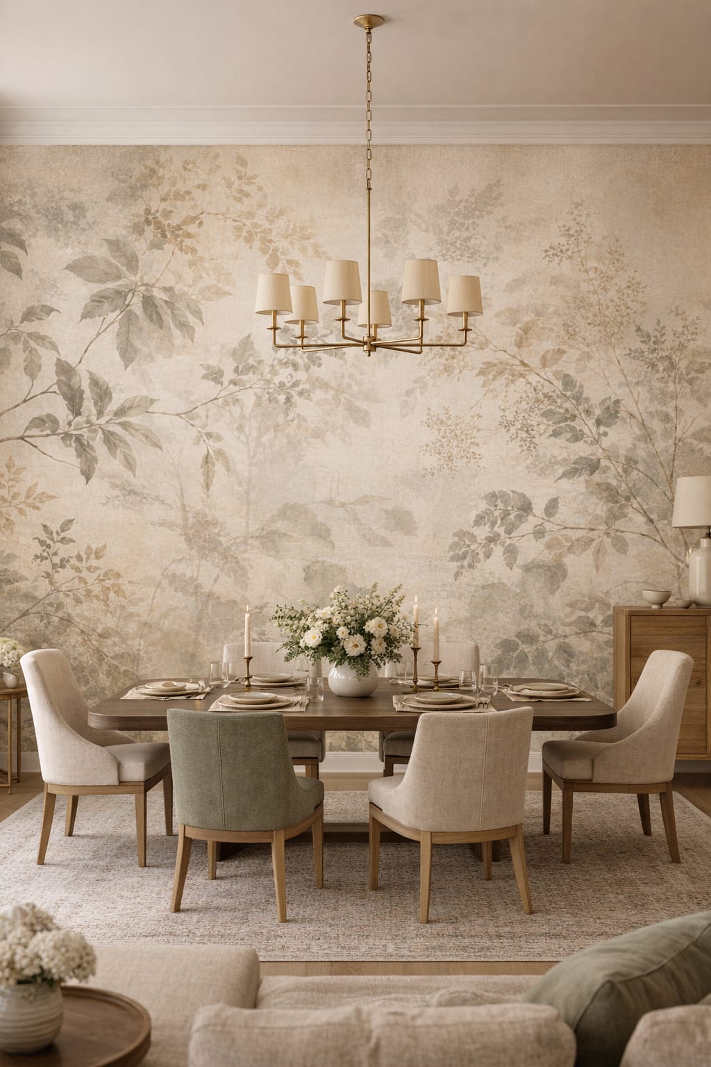 Quiet Luxury Greige botanical branches - Wall Mural Peel and Stick Wallpaper for Quiet Luxury Formal Dining Room.