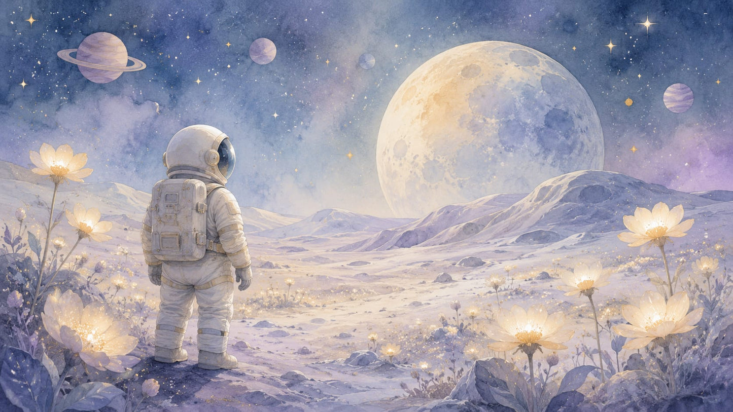 Dreamy Whimsical Periwinkle Astronaut featuring moon, planets, and glowing flowers - Wall Mural & Peel and Stick Wallpaper for Watercolor Nursery or Kids Room
