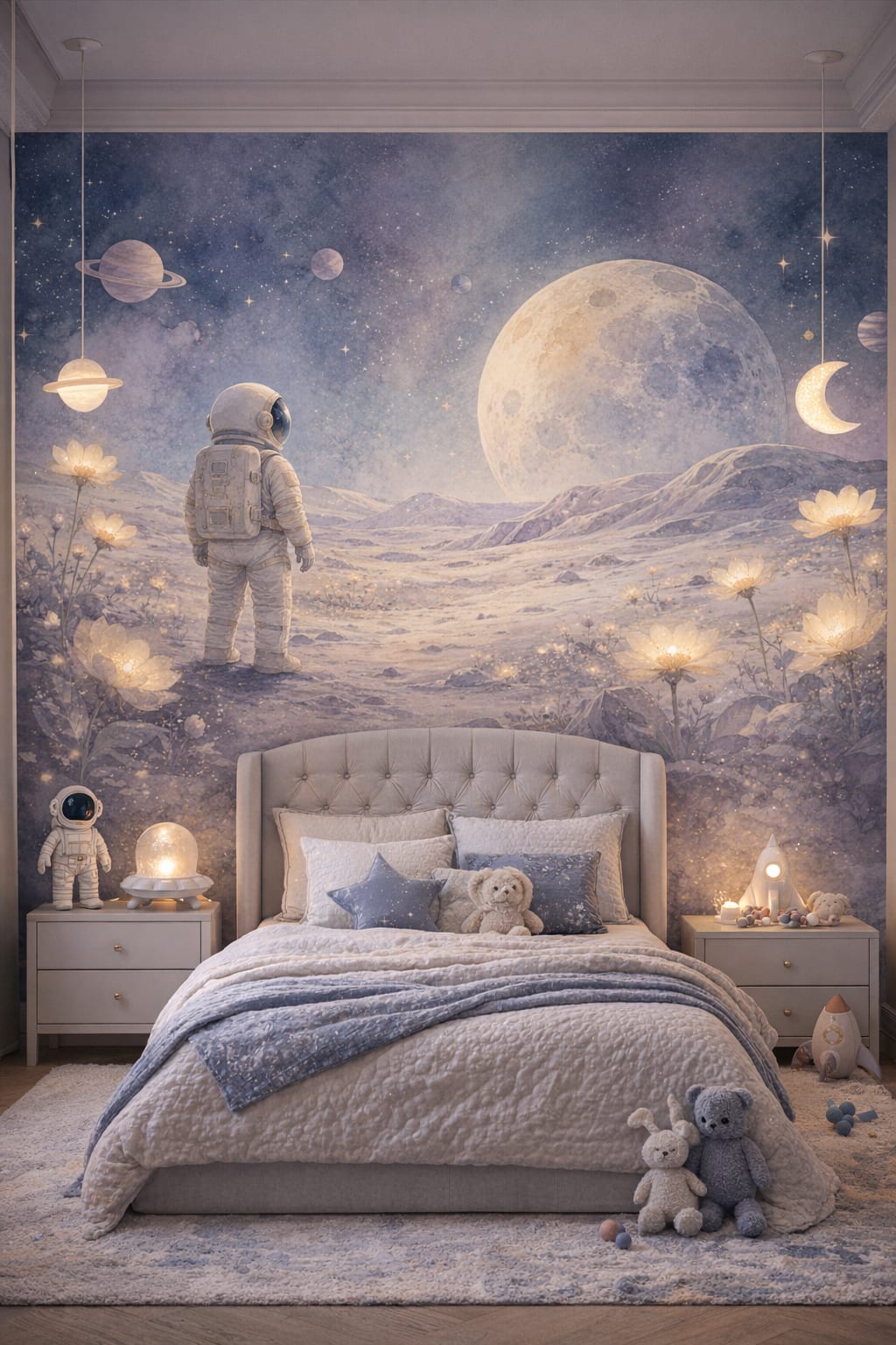 Celestial navy astronaut featuring moon - Wall Mural Peel and Stick Wallpaper for Outer Space / Celestial Kids Bedroom.