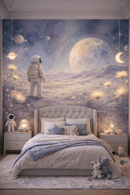 Celestial navy astronaut featuring moon - Wall Mural Peel and Stick Wallpaper for Outer Space / Celestial Kids Bedroom.