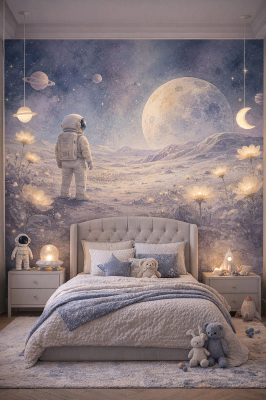 Celestial navy astronaut featuring moon - Wall Mural Peel and Stick Wallpaper for Outer Space / Celestial Kids Bedroom.