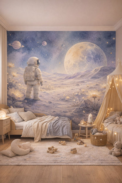 Scandi light-gray astronaut featuring moon - Wall Mural Peel and Stick Wallpaper for Scandi Kids Kids Bedroom.