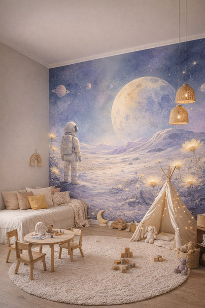 Whimsical cream astronaut featuring moon - Wall Mural Peel and Stick Wallpaper for Whimsical Boho Playroom.