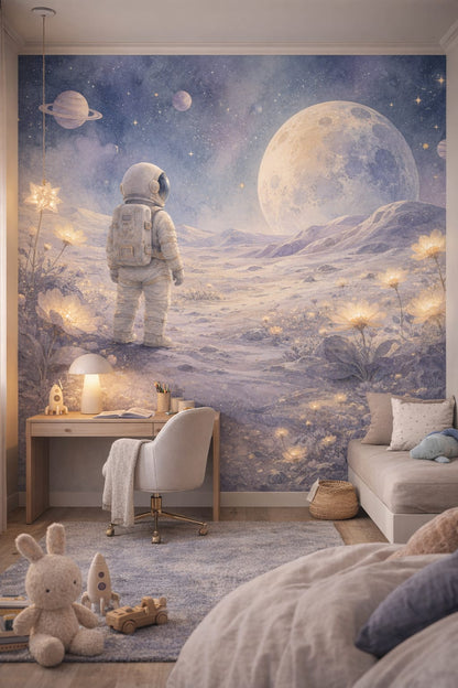 Gray Contemporary astronaut featuring moon - Wall Mural Peel and Stick Wallpaper for Gender-Neutral Contemporary Homework / Study Corner.