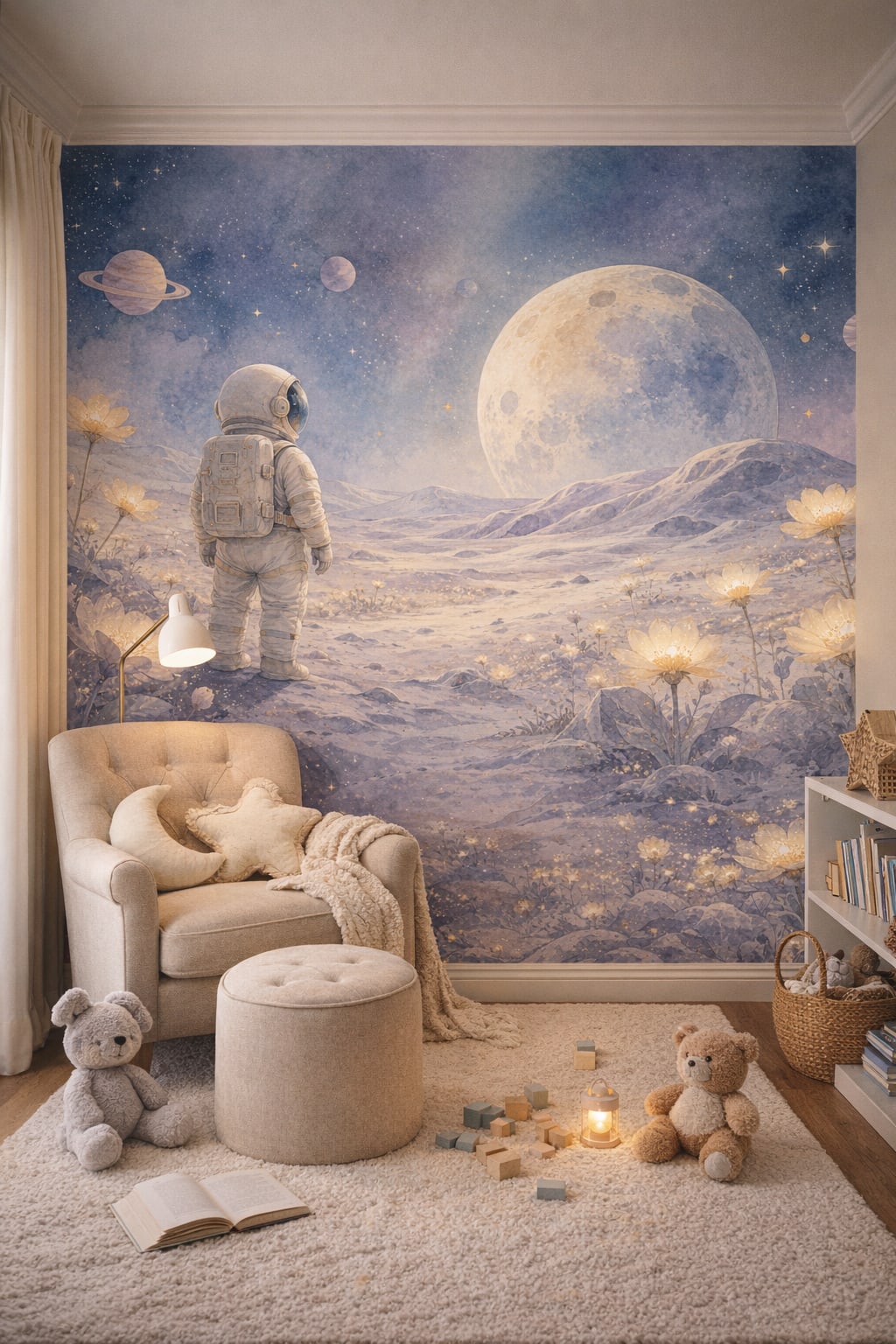 Classic dusty-rose astronaut featuring moon - Wall Mural Peel and Stick Wallpaper for Classic Storybook Reading Corner.