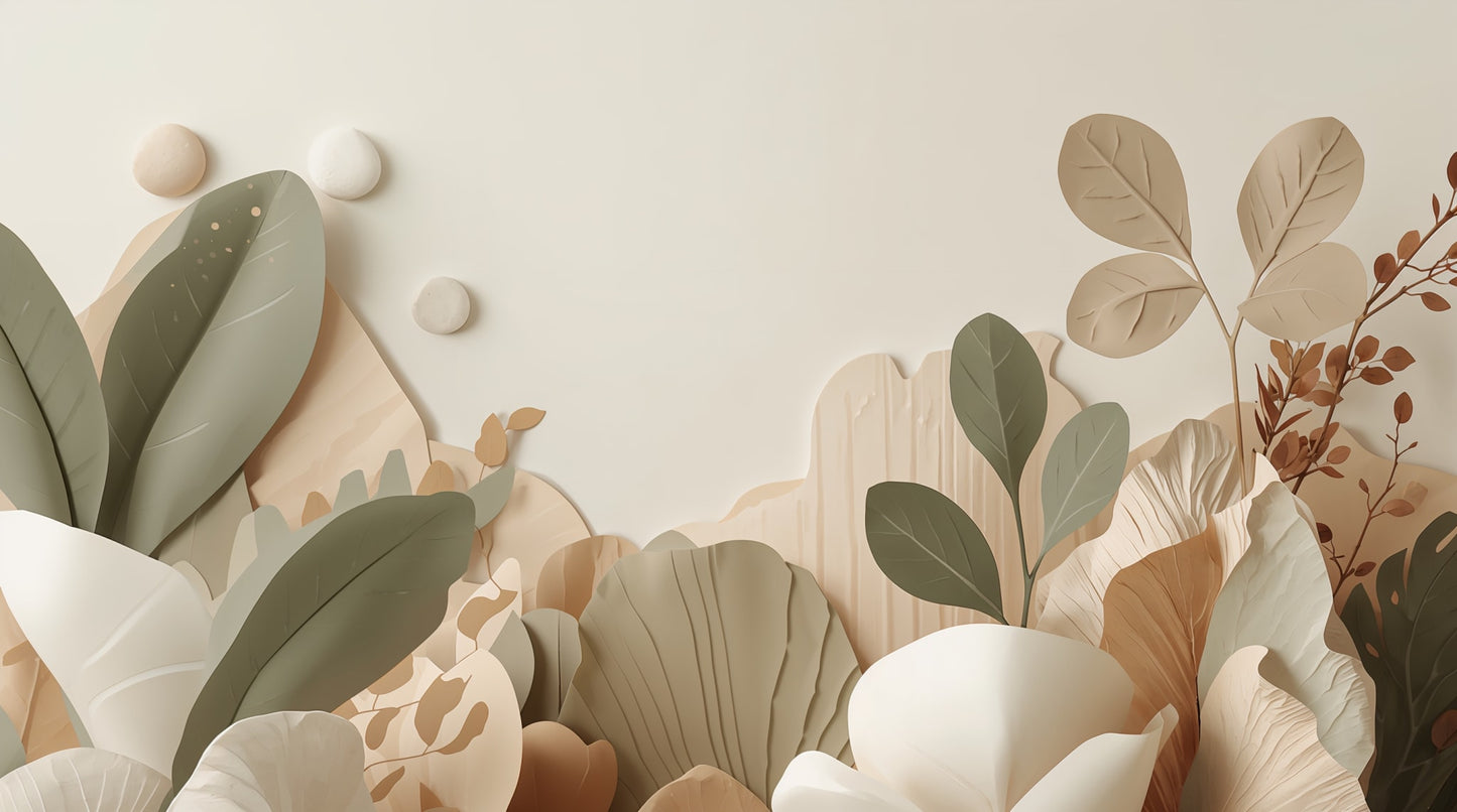 Modern minimalist Warm Beige layered botanical leaves featuring paper-cut relief and neutral landscape shapes - Wall Mural & Peel and Stick Wallpaper for Papercut Interiors and Premium Home Styling.