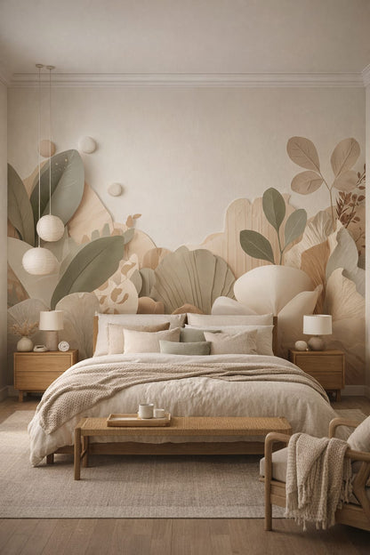 Japandi sand-toned layered botanical leaves featuring paper cut relief - Wall Mural Peel and Stick Wallpaper for Japandi Master Bedroom.