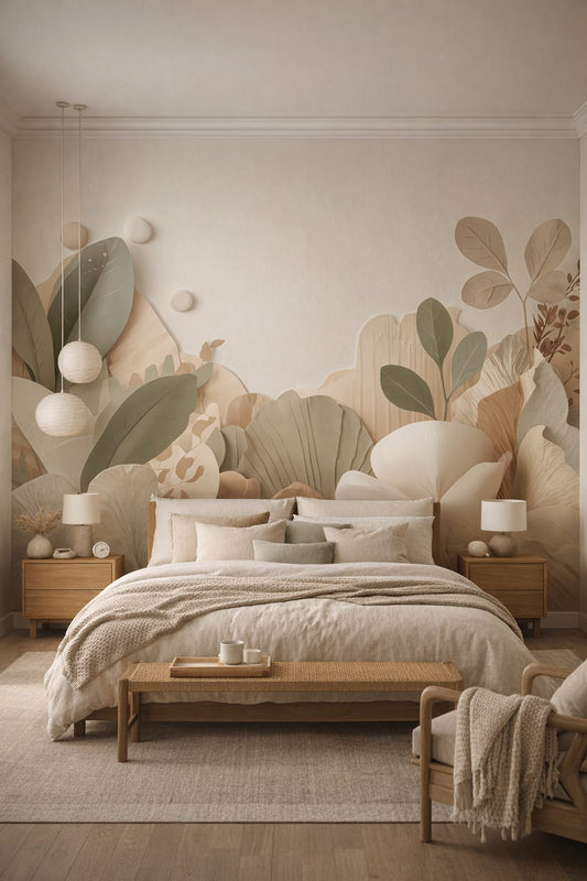 Japandi sand-toned layered botanical leaves featuring paper cut relief - Wall Mural Peel and Stick Wallpaper for Japandi Master Bedroom.