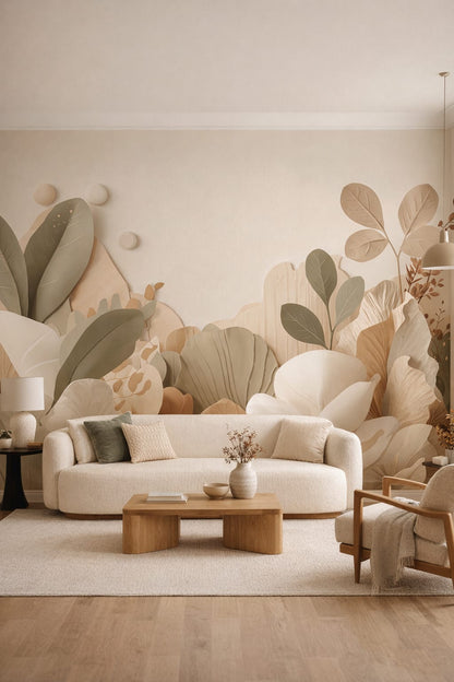 Cream sand Organic Modern layered botanical leaves featuring paper-cut relief - Wall Mural Peel and Stick Wallpaper for Organic Modern Living Room.
