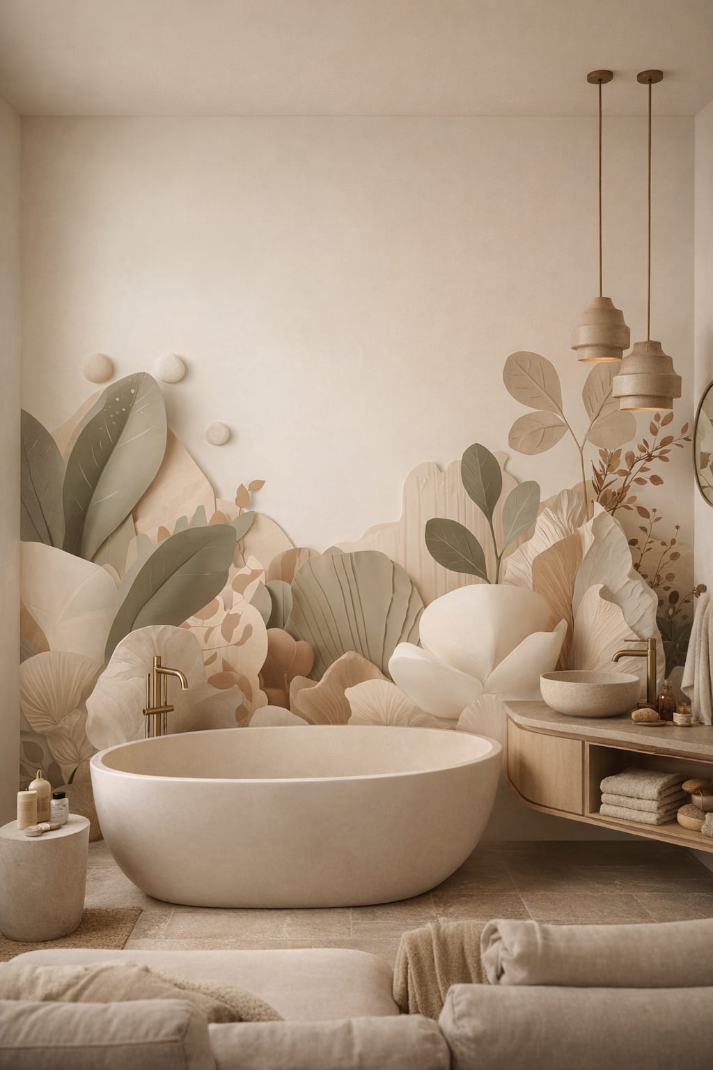 Wabi-sabi muted earth tones layered botanical leaves featuring paper cut relief - Wall Mural Peel and Stick Wallpaper for Wabi-sabi Luxury Bathroom.