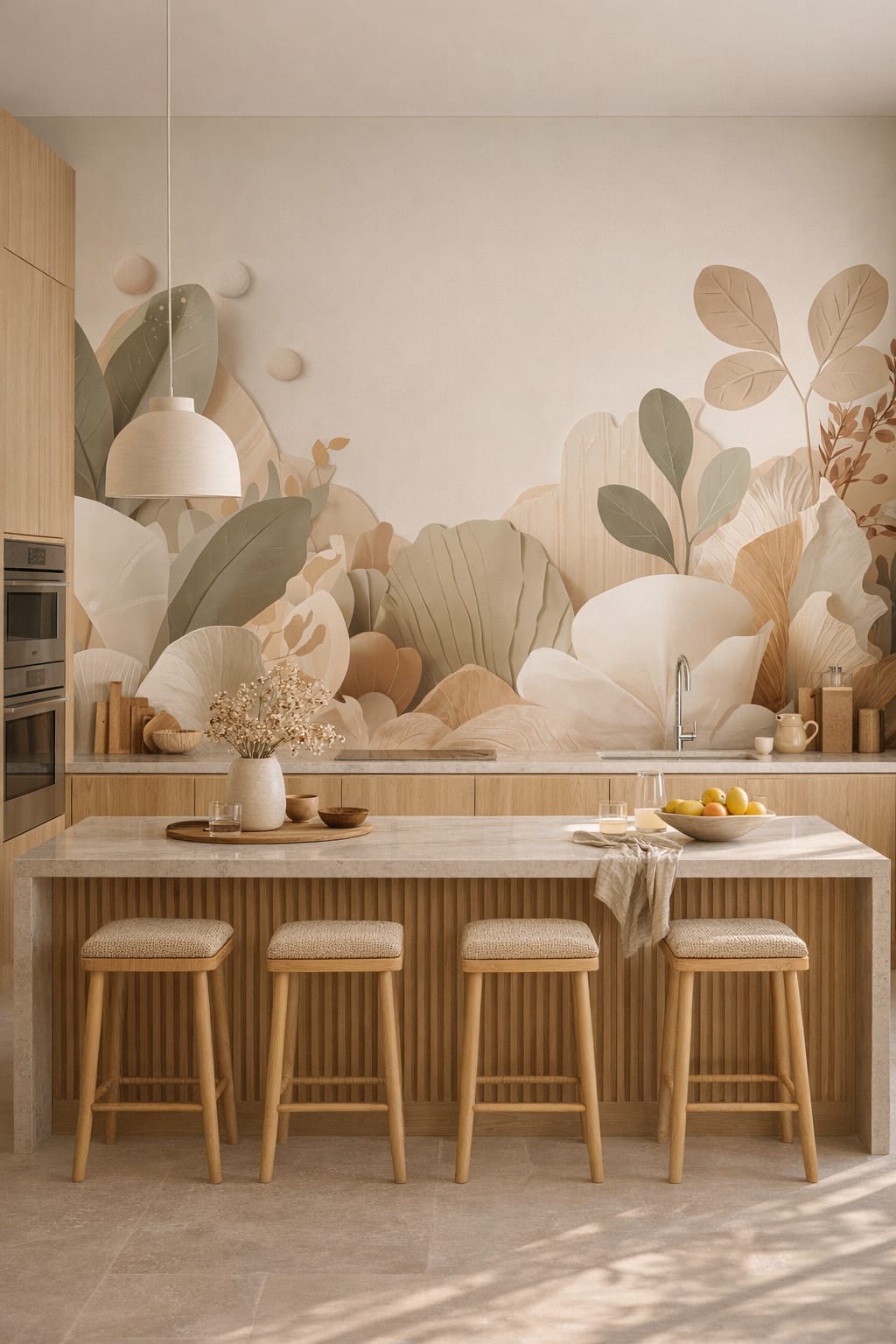 Mediterranean Modern sand-toned layered botanical leaves featuring paper-cut relief - Wall Mural Peel and Stick Wallpaper for Mediterranean Modern High-end Kitchen.
