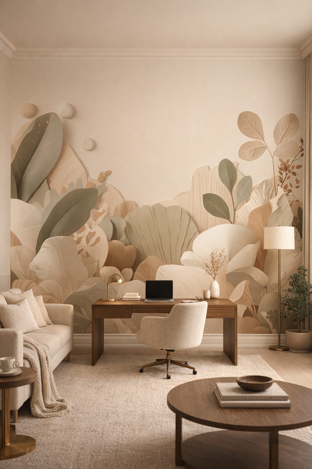 Quiet Luxury greige layered botanical leaves featuring paper-cut relief - Wall Mural Peel and Stick Wallpaper for Quiet Luxury Executive Home Office.