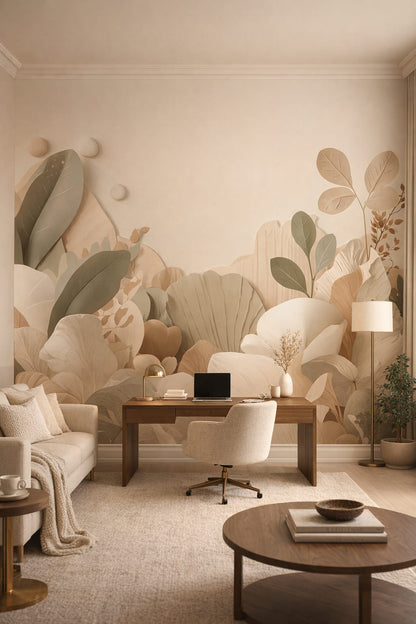 Quiet Luxury greige layered botanical leaves featuring paper-cut relief - Wall Mural Peel and Stick Wallpaper for Quiet Luxury Executive Home Office.